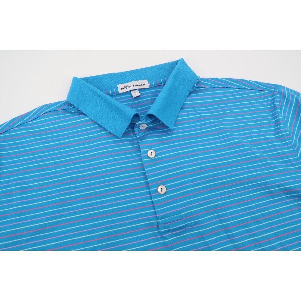 Peter Millar Polo Shirt Mens Large Blue Multi Striped Short Sleeve Golf Cotton